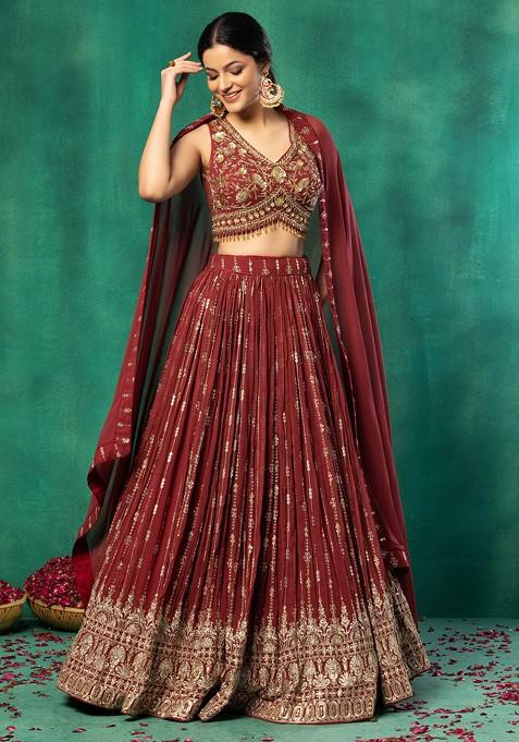 Rust Zari Stripe Embroidered Lehenga Set With Floral Embroidered Blouse And Dupatta