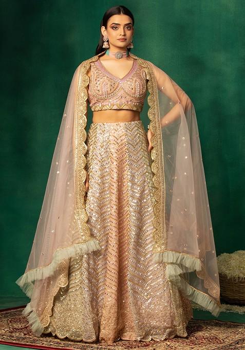 Dull Pink Chevron Sequin Embroidered Lehenga Set With Embellished Blouse And Dupatta