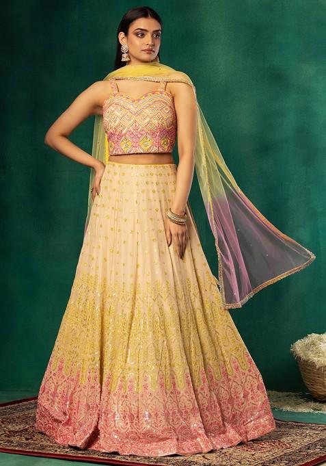 Beige Multicolour Sequin Embroidered Lehenga Set With Embellished Blouse And Dupatta