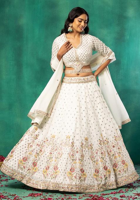White Multicolour Floral Embroidered Lehenga And Blouse Set With Dupatta And Belt