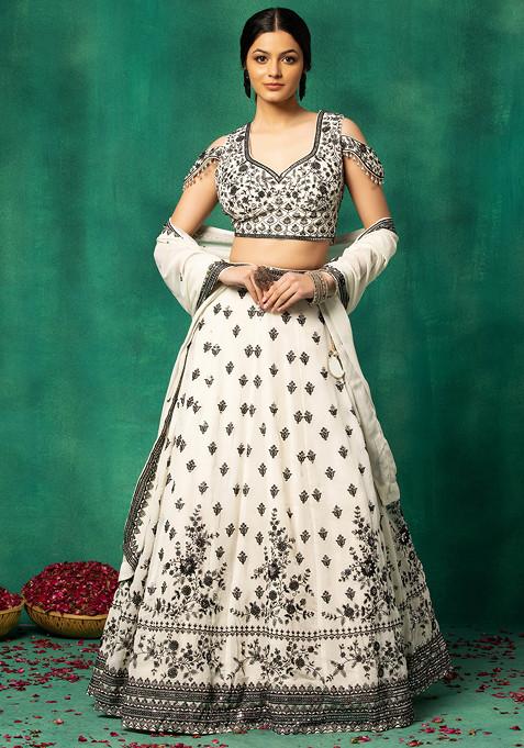 Black Floral Sequin Embroidered Lehenga Set With Floral Embroidered Blouse And Dupatta