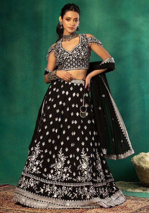 White Floral Embroidered Lehenga Set With Blouse And Dupatta