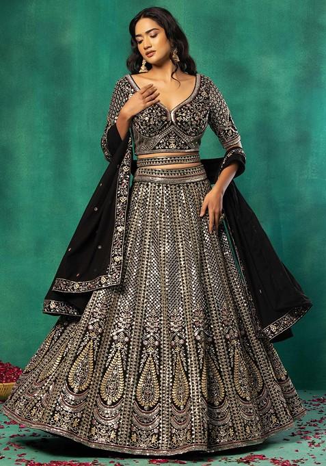 Black Sequin Paisley Embroidered Lehenga Set With Zari Embroidered Blouse And Dupatta