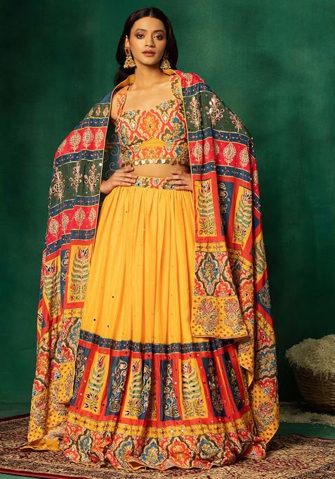 Yellow Mirror Embellished Printed Lehenga Set With Embroidered Blouse And Dupatta