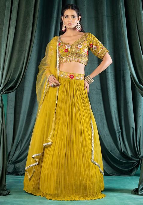 Yellow Pleated Lehenga Set With Floral Embellished Blouse And Dupatta