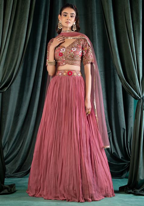 Pink Pleated Lehenga Set With Floral Embellished Blouse And Dupatta