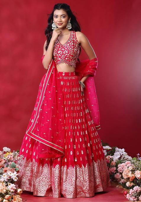 Pink Brocade Lehenga Set With Floral Zari Embroidered Blouse And Embroidered Dupatta