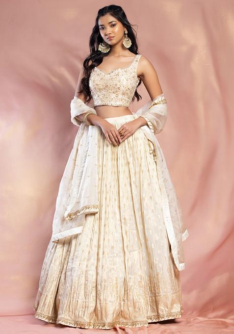 Beige Embroidered Lehenga Set With Floral Embellished Blouse And Dupatta