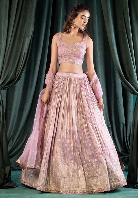 Purple Embroidered Lehenga Set With Floral Embellished Blouse And Dupatta
