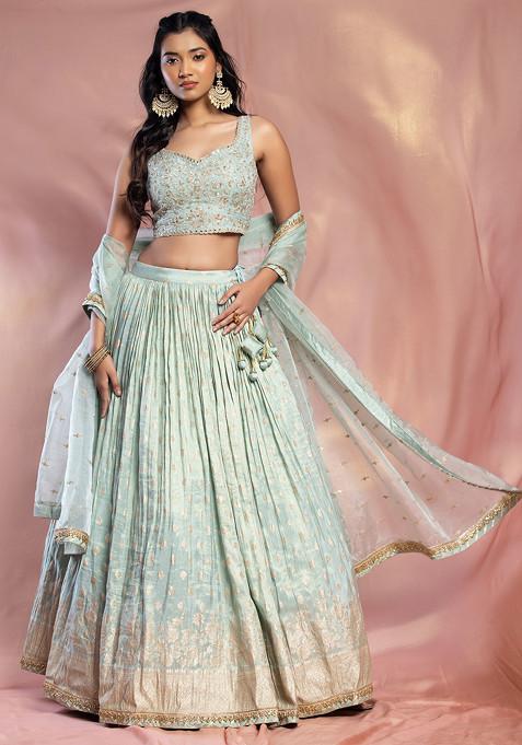 Blue Embroidered Lehenga Set With Floral Embellished Blouse And Dupatta