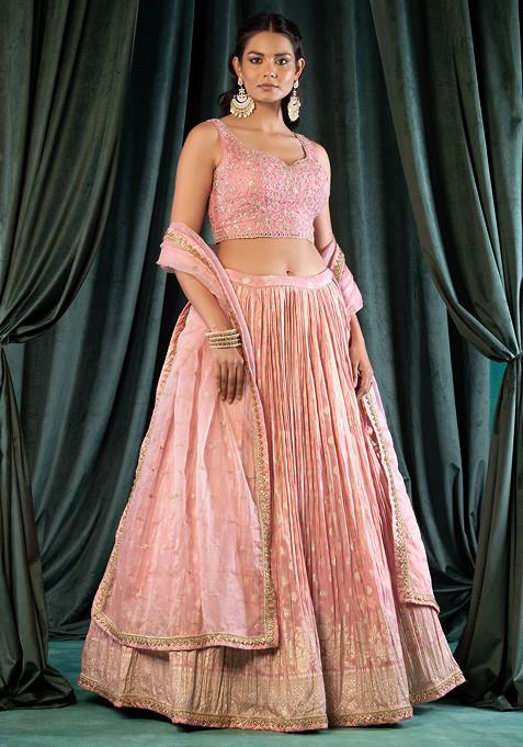 Peach Embroidered Lehenga Set With Floral Embellished Blouse And Dupatta