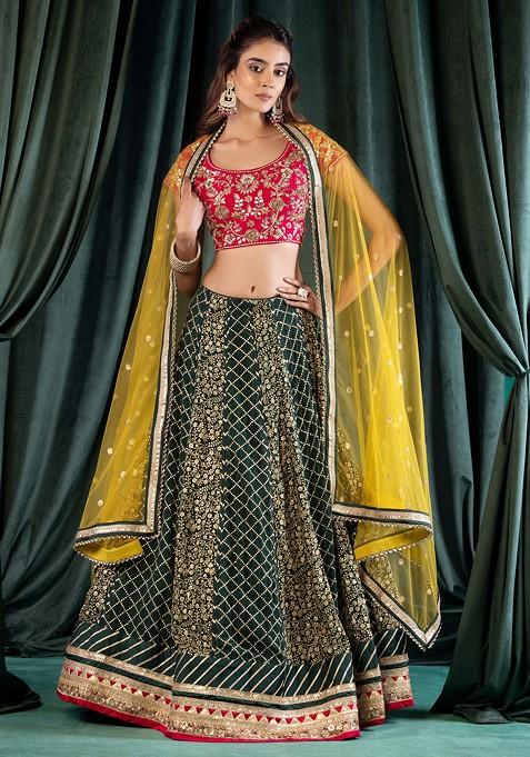Deep Green Floral Sequin Embroidered Lehenga Set With Contrast Embellished Blouse And Dupatta