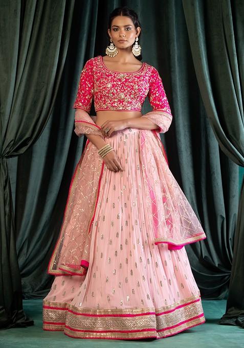 Light Pink Sequin Embroidered Lehenga Set With Floral Embellished Blouse And Dupatta