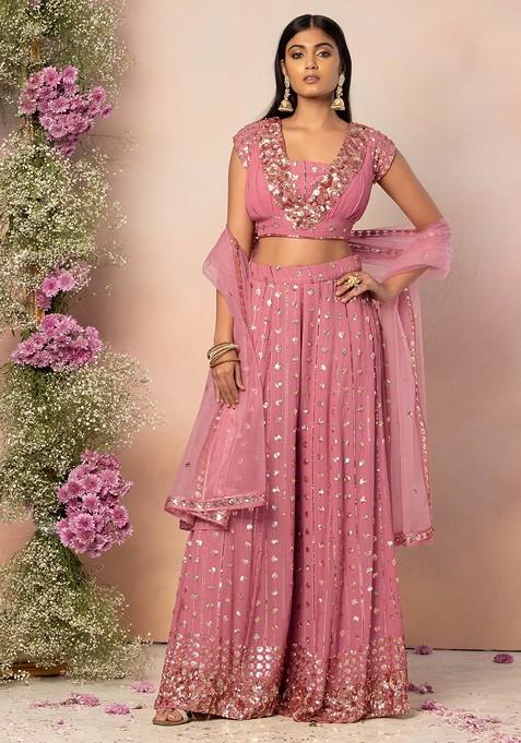 Dull Pink Sequin Embroidered Lehenga Set With Embroidered Blouse And Mesh Dupatta