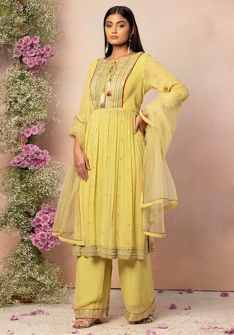 Lime Green Sequin Thread Embroidered Kurta Set With Palazzo And Mesh Dupatta
