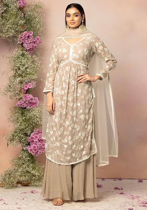 Light Grey Floral Thread Embroidered Kurta Set With Palazzo And Mesh Dupatta