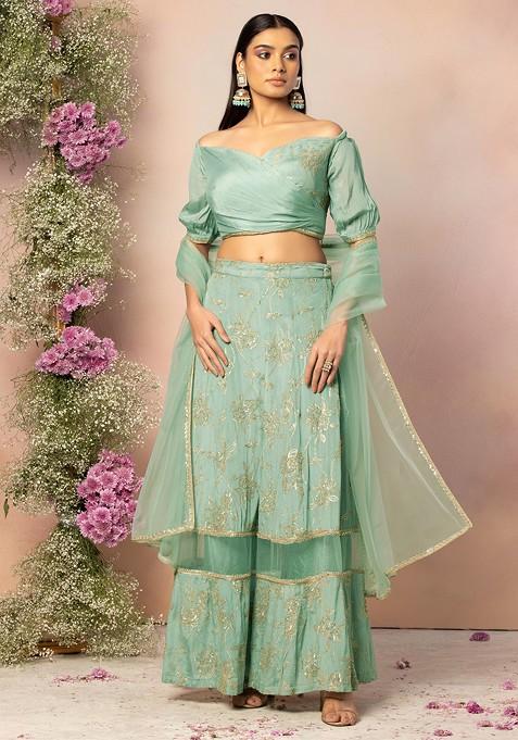 Sage Green Sequin Embroidered Sharara Set With Off Shoulder Blouse And Dupatta