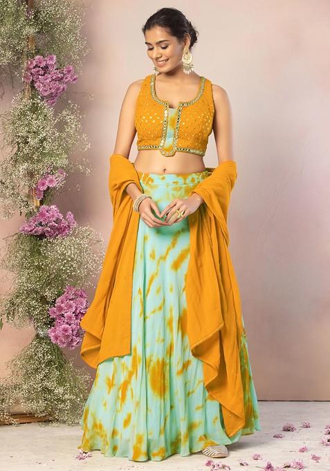 Sage Green Tie Dye Print Lehenga Set With Mustard Embroidered Blouse And Dupatta