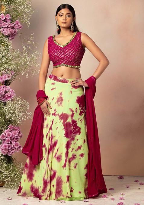 Pastel Green Tie Dye Print Lehenga Set With Pink Embroidered Blouse And Dupatta