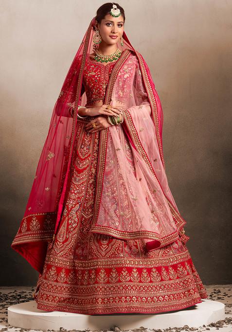 Deep Red Sequin Zari Embroidered Velvet Bridal Lehenga And Blouse Set With Dupattas And Belt