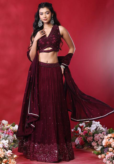 Purple Embroidered Lehenga Set With Floral Embroidered Blouse And Dupatta