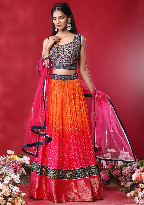 Orange Printed Satin Lehenga Set With Contrast Floral Embellished Blouse And Dupatta
