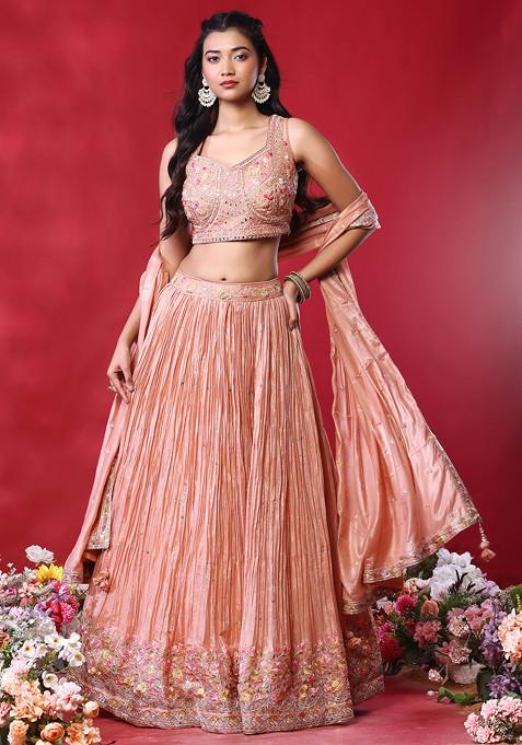 Peach Embroidered Lehenga Set With Embellished Blouse And Dupatta