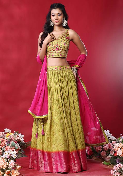 Buy Green Blouse And Dupatta Net Applique Floral V Raw Silk Lehenga Set For  Women by KIRAN KALSI Online at Aza Fashions.