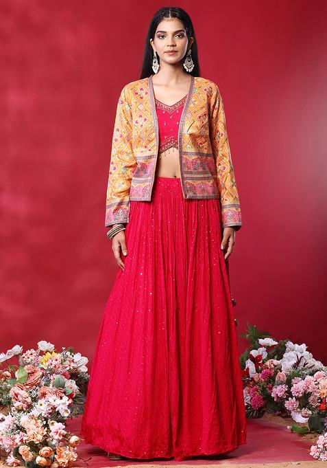 Fuchsia Pink Embroidered Lehenga Set With Sequin Embellished Blouse And Contrast Jacket