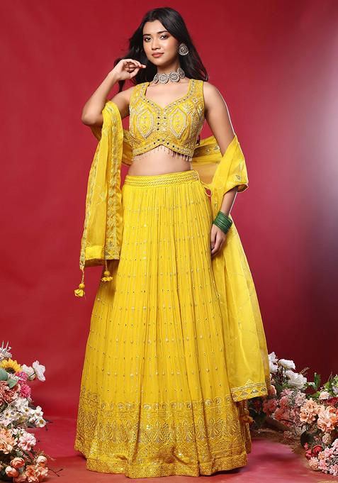 Yellow Mirror Embroidered Lehenga Set With Abstract Embellished Blouse And Organza Dupatta