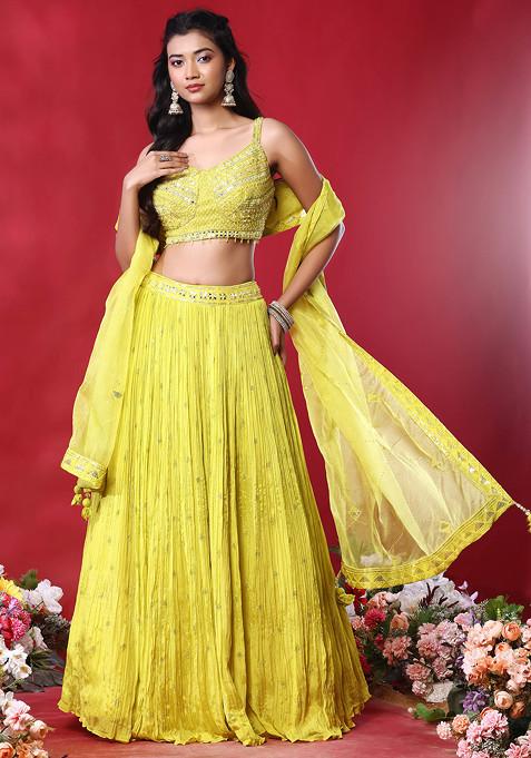 Mustard Mirror Embroidered Lehenga Set With Abstract Embellished Blouse And Dupatta
