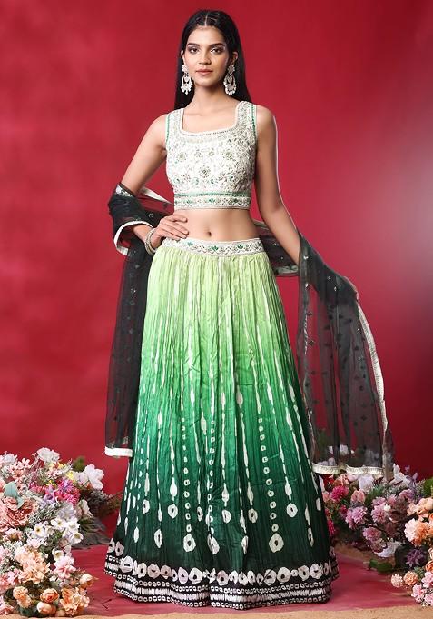 Green Printed Ombre Satin Lehenga Set With Floral Embroidered Blouse And Dupatta
