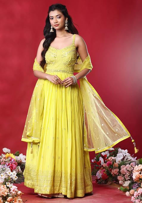 Yellow Abstract Bead Embellished Anarkali Kurta With Embellished Dupatta