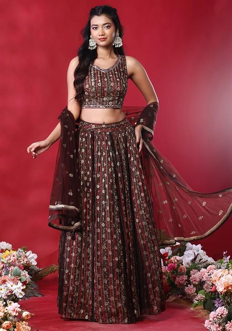 Brown Mirror Embroidered Brocade Lehenga Set With Embroidered Blouse And Dupatta