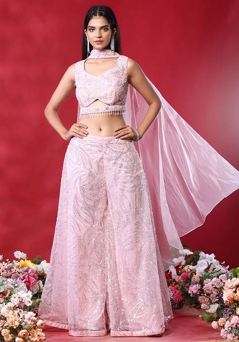 Pastel Pink Abstract Sequin Embellished Palazzo Set With Embellished Blouse And Dupatta