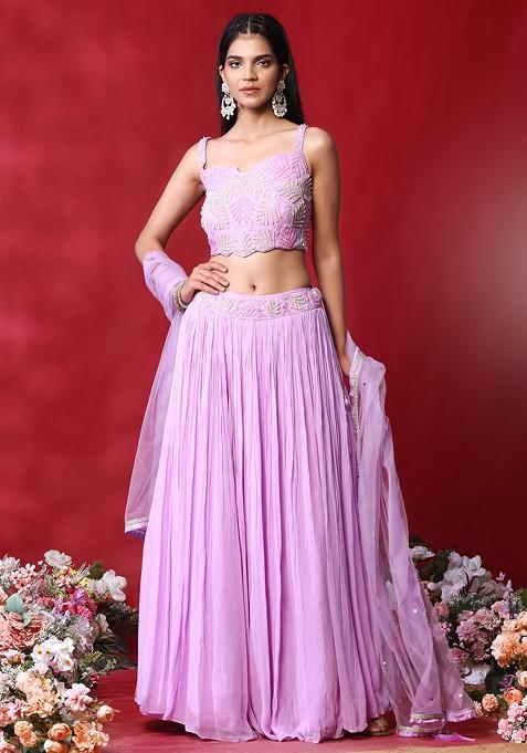 Lavender Lehenga Set With Hand Embroidered Strappy Blouse And Dupatta