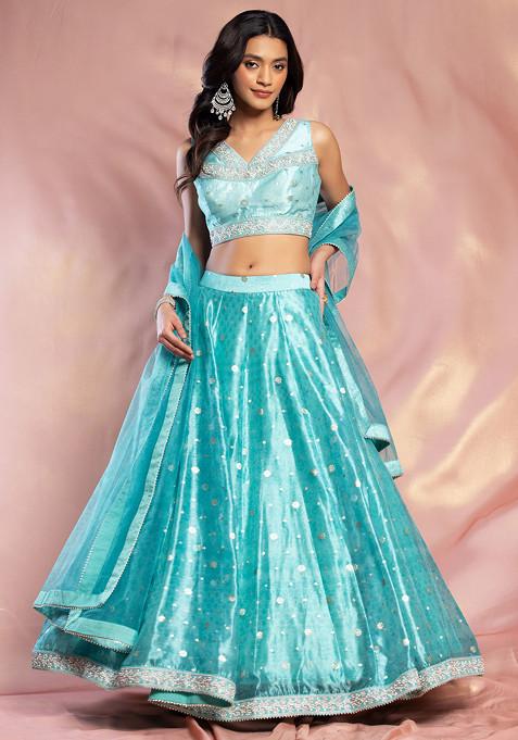 Light Blue Brocade Lehenga Set With Bead Embroidered Blouse And Dupatta