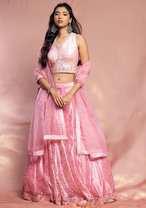 Light Pink Brocade Lehenga Set With Mirror Embroidered Blouse And Dupatta