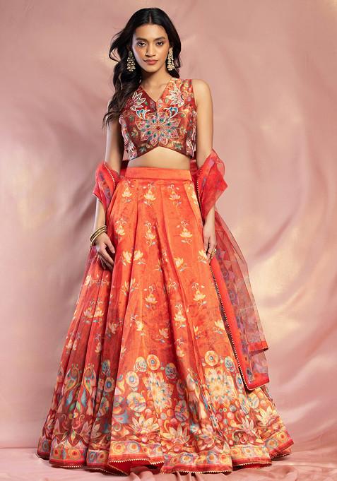 Red Floral Print Organza Lehenga Set With Embroidered Blouse And Dupatta