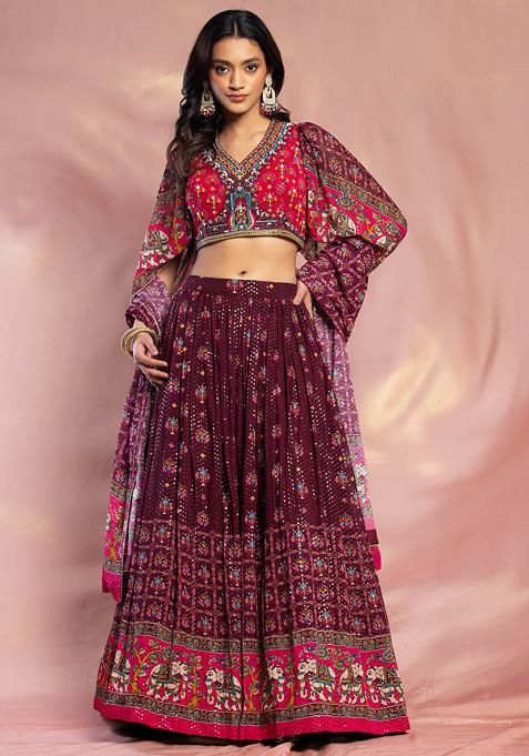 Purple Floral Print Lehenga Set With Bead Embroidered Blouse And Dupatta
