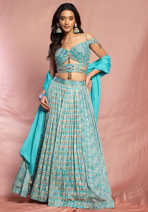 Light Blue Printed Lehenga Set With Bead Embroidered Blouse And Dupatta