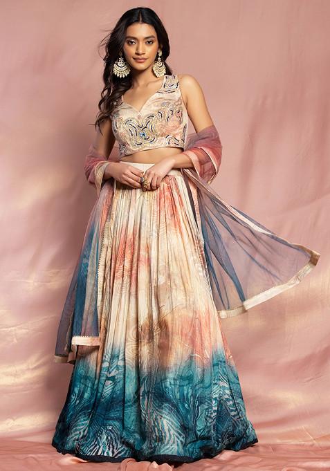 Multicolour Printed Organza Lehenga Set With Sequin Embroidered Blouse And Dupatta