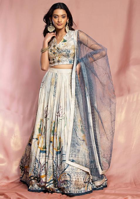 Grey Abstract Print Lehenga Set With Sequin Embroidered Blouse And Dupatta
