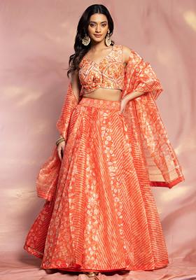 Orange Leheriya Print Organza Lehenga Set With Sequin Embroidered Blouse And Dupatta