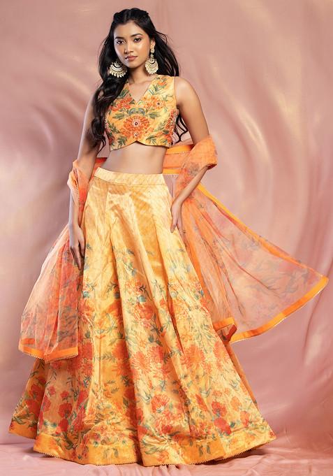 Light Orange Floral Print Organza Lehenga Set With Embroidered Blouse And Dupatta
