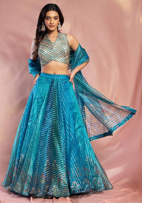 Blue Printed Organza Lehenga Set With Sequin Embroidered Blouse And Dupatta