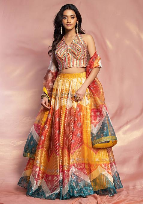 Multicolour Striped Organza Lehenga Set With Embroidered Blouse And Dupatta