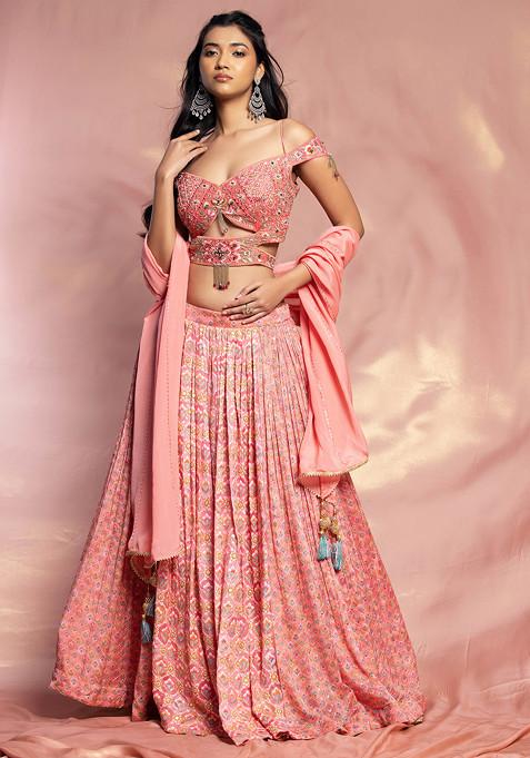 Pink Printed Lehenga Set With Mirror Embroidered Silk Blouse And Dupatta