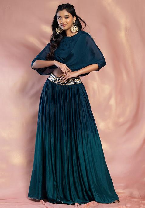 Teal Blue Ombre Lehenga Set With Embroidered Blouse