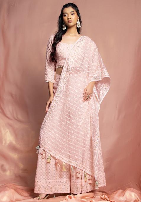 Blush Pink Thread Embroidered Lehenga Set With Embroidered Blouse And Dupatta